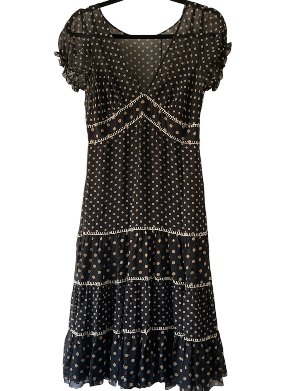 BCBGMaxAzria Silk Peasant Midi Dress Tiered Ruffle Sleeve Black Polka Dot Size S